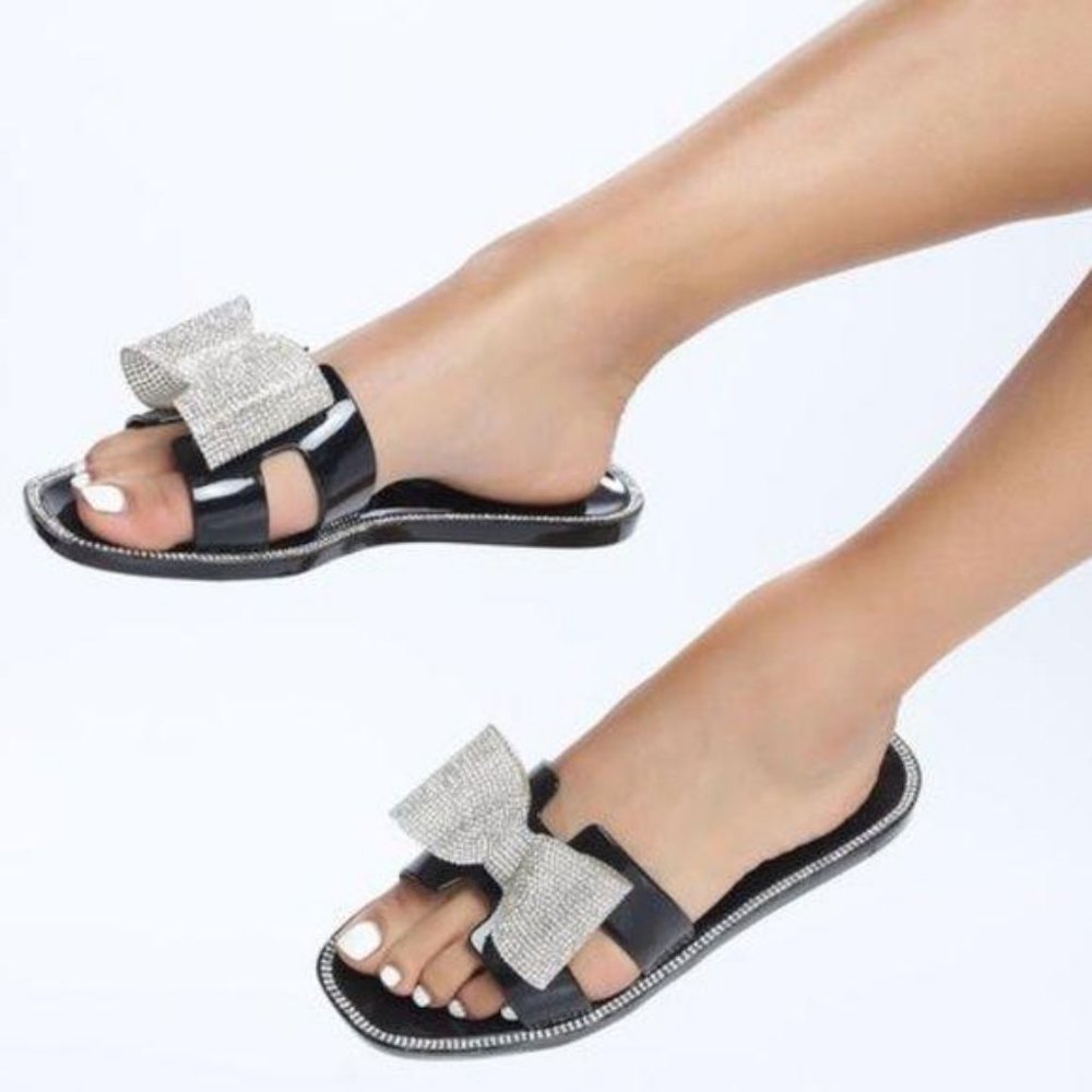 Embellished Bow Jelly Sandals in Black - Picture 8 of 9